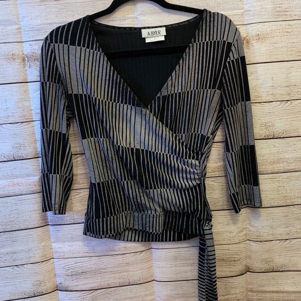 Sliver and Black Faux Wrap Top
